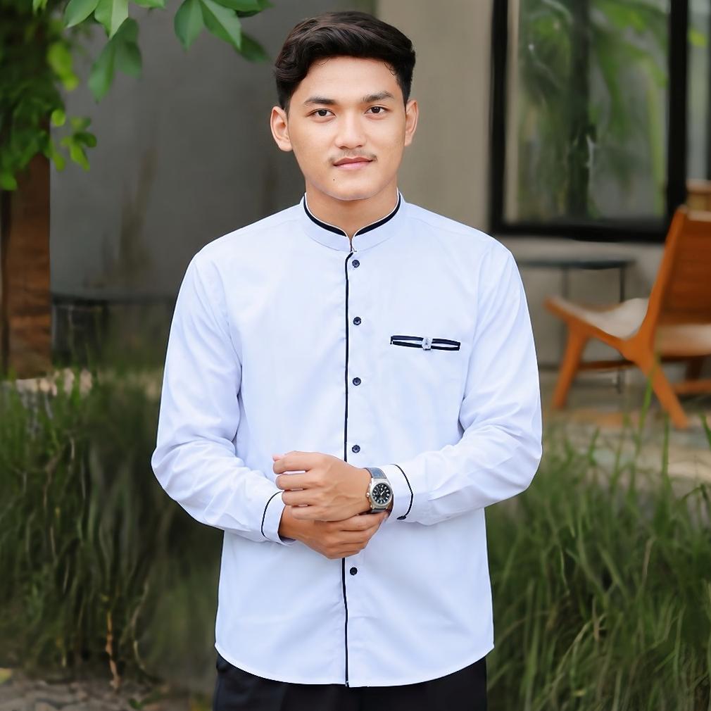 HEMAT BAJU KOKO PRIA DEWASA ELRUMI LENGAN PANJANG POLOS WARNA PUTIH KOMBINASI LIST HITAM