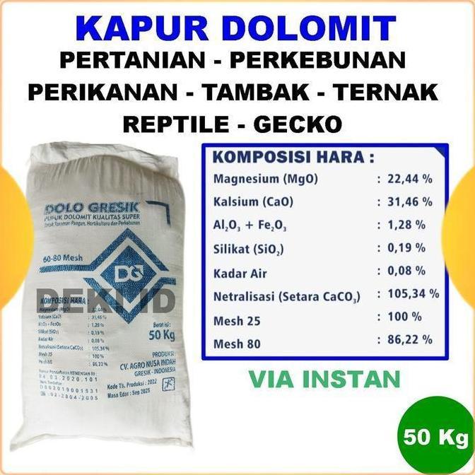 Newgrd- Kapur Dolomit 50 Kg Via Instant Kaptan Dolomite Kemasan Karung Karungan