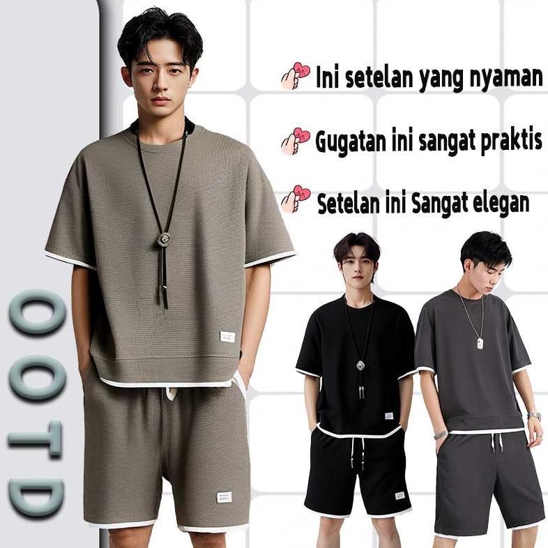 TERBARU Baju setelan pria 2025 korean Baju Pantai Pria Baju celana pria 1 set Kasual kain waffle baj