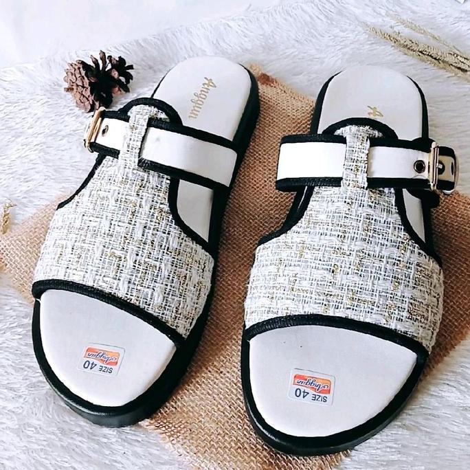 Shoes- Sandal Platform Nita Tali Gesper Motif Rajut Terbaru Sendal Cewek Flat