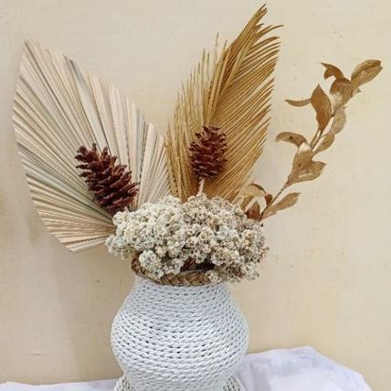 Paket Bunga Kering+Pot Guci Mendong Untuk Meja/Daun Palem Kering+Pinus Kering+Ruskus+Sikas+Edelweis/