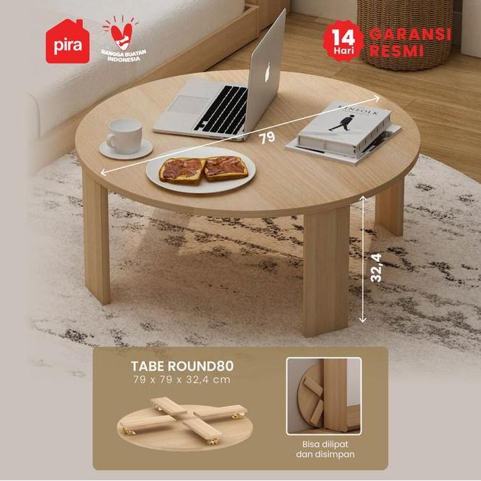 PROMO - PIRA - TABE ROUND80 Meja Tamu Bulat / Meja Makan Lipat Lesehan / Meja Belajar Lipat Lesehan