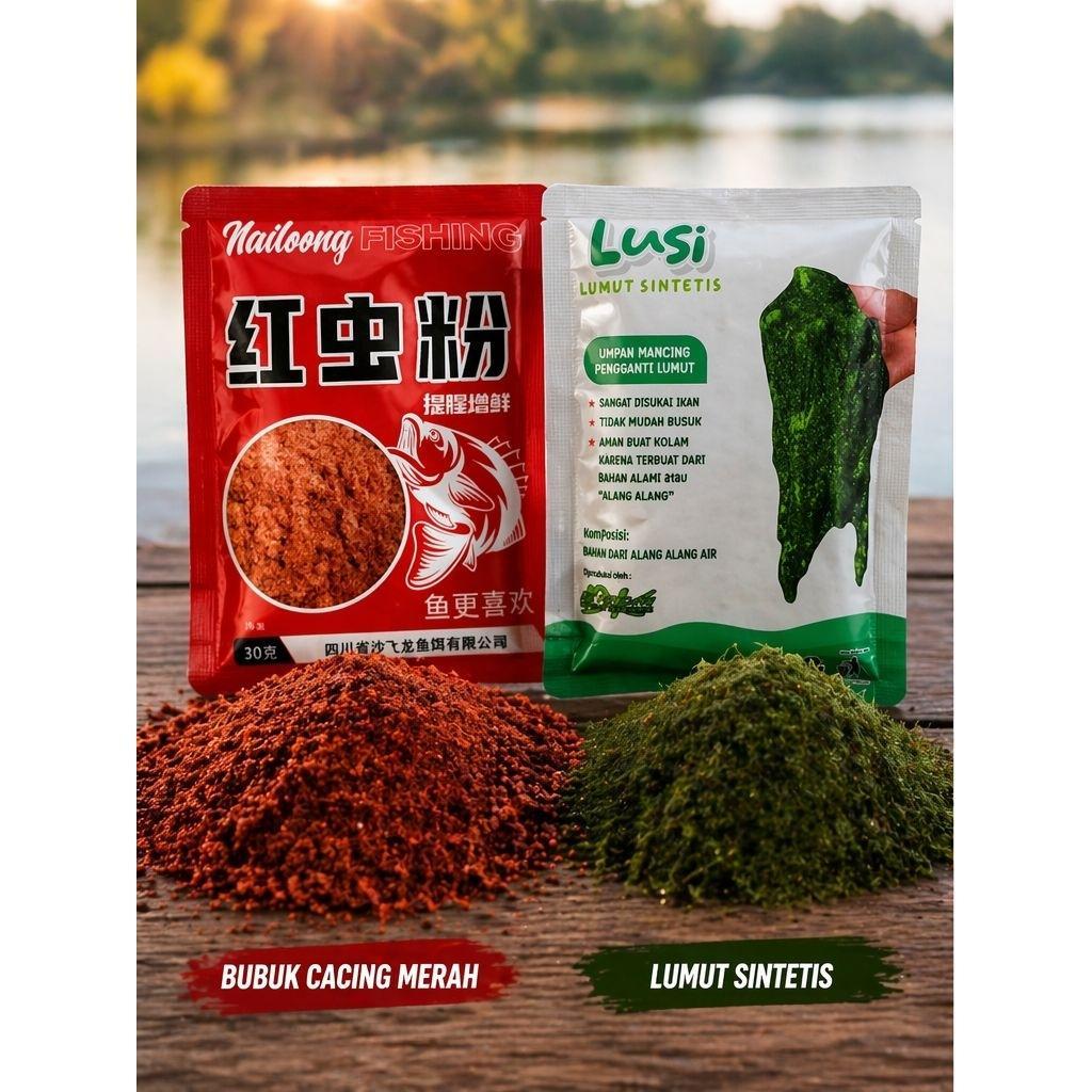 Paket Umpan Pancing Lusi Nailoong Cacing Merah + Lumut Sintetis |Galatama Harian Lomba