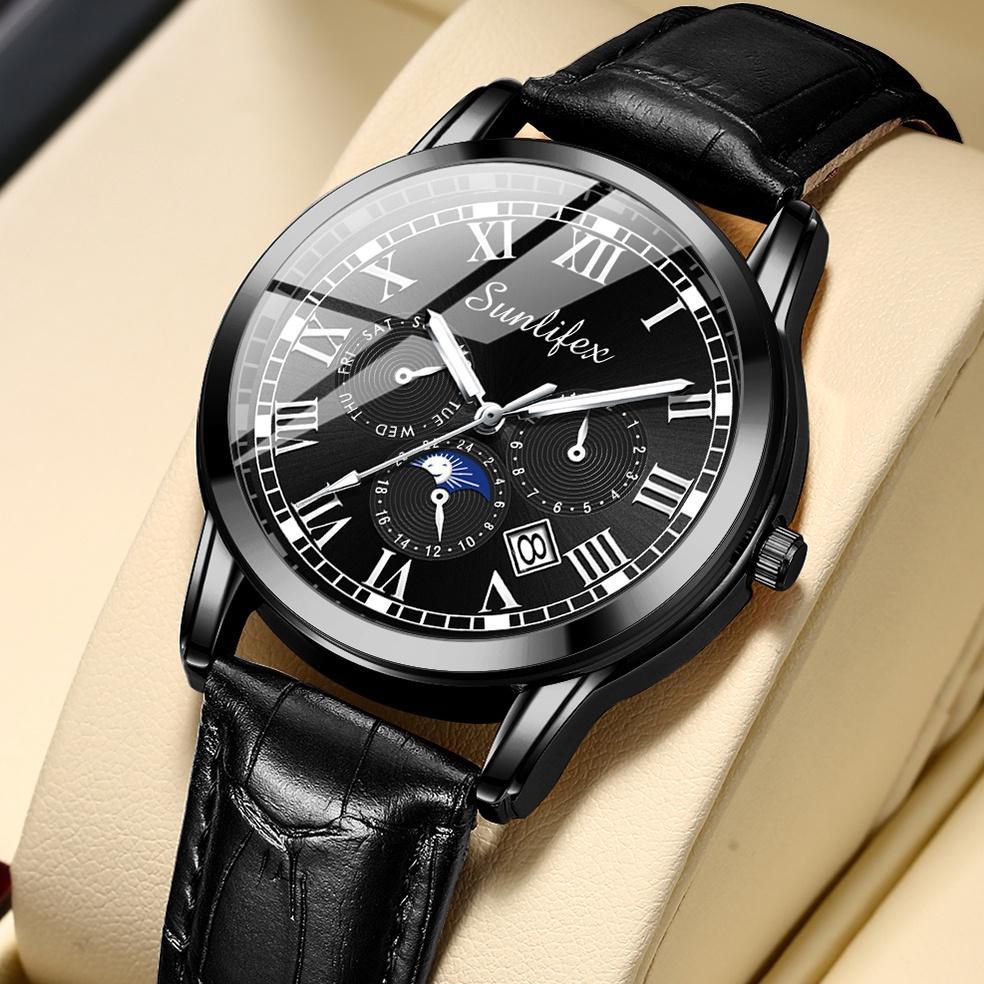 EXCLUSIVE Sunlifex Jam Tangan Pria 7003 Kalender Kuarsa Santai Bisnis Tali Kulit Jam Tangan Cowok