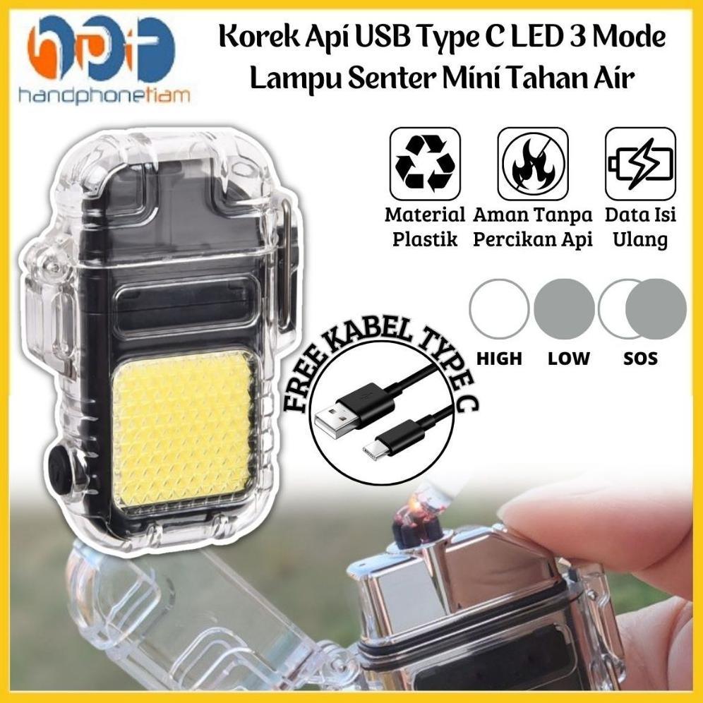 Korek Api Elektrik USB Type C LED 3 Mode Lampu Senter Mini 2in1 Tahan Air Pemantik Rokok Anti Angin 