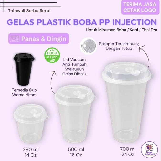 Gelas Plastik Boba Plastic Cup PP Injection Tebal Foodgrade 14Oz 16Oz 24Oz 380 500 700 ml