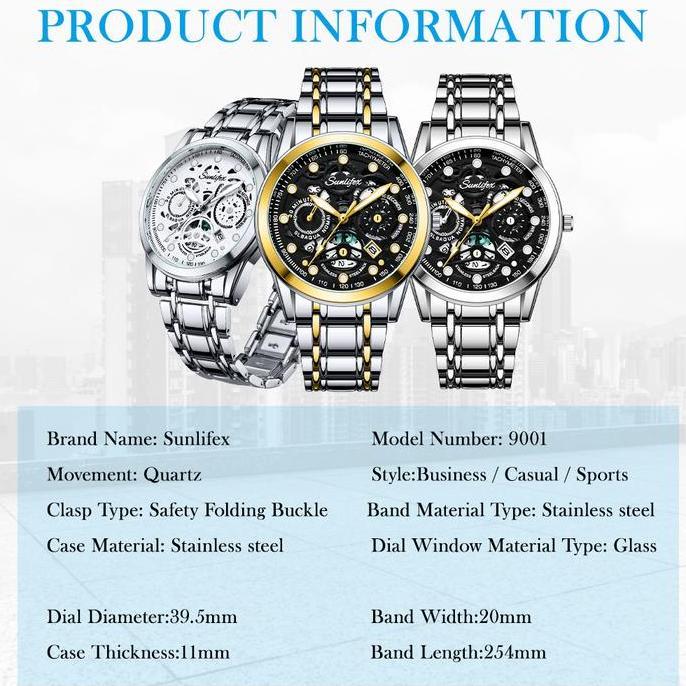 Orologi- Sunlifex Jam Tangan Pria Display Kuarsa Anti Air Tali Stainless Steel Santai Mode Jam Tanga