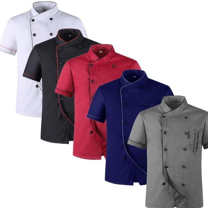 Baju Chef Baju Koki Chef Jacket Seragam Kerja Lengan Pendek Model Mandarin Seragam Bordir Abu Hitam 