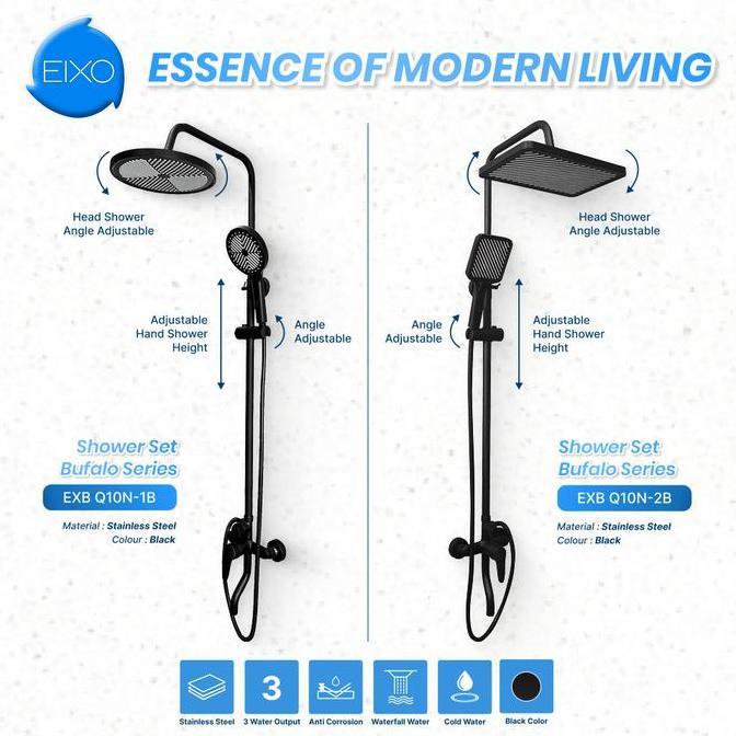 SET Shower Tiang Kamar Mandi Hitam Minimalis EIXO BUFALO Q10N-1B / Q10N-2B Panas Dingin