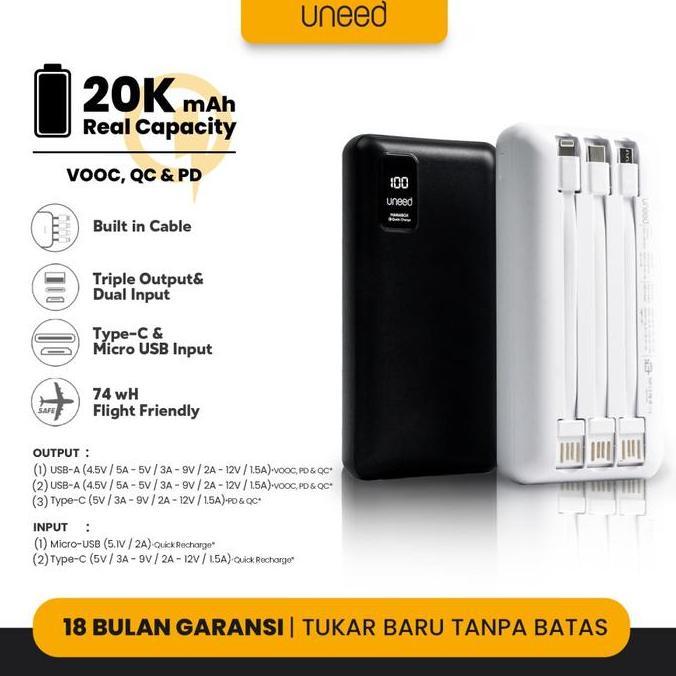 Powerbank UNEED B20 20000mAh Built in Cable Fast Charging 2.1A Black White