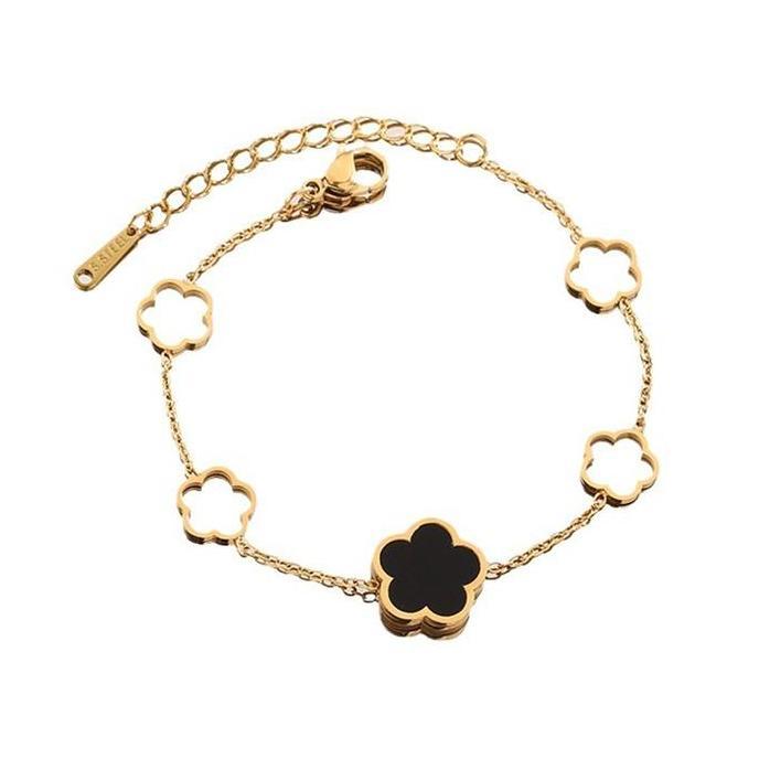 Elleria- Spar.Co Gelang Aloha Dua Sisi Mutiara Hitam Bunga Plum Clover Aksess Perhiasan Cewek Emas T
