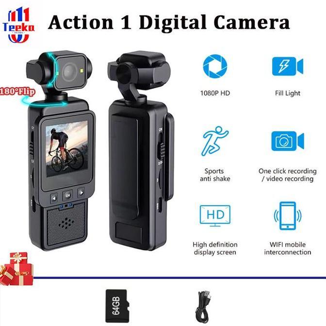 TEEKA Action 1/2 Camera Mini WIFI Kamera action layar HD 1080P 180 Pocket WIFI Camcorder Body Cam wi
