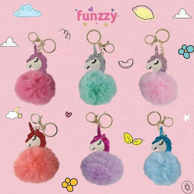 (Good) Standard - Funzzy Unicorn Key Chain Isi 3 Pcs ( Gantungan Kunci, / Pom Pom Gantungan di Tas /