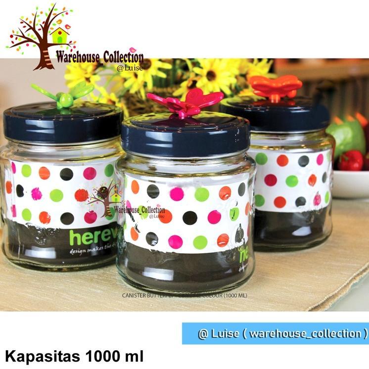 Toples Kaca Herevin 1000Ml/ Canister Butterfly Colour 142200-560/ Toples Tutup Drat / Toples Lebaran
