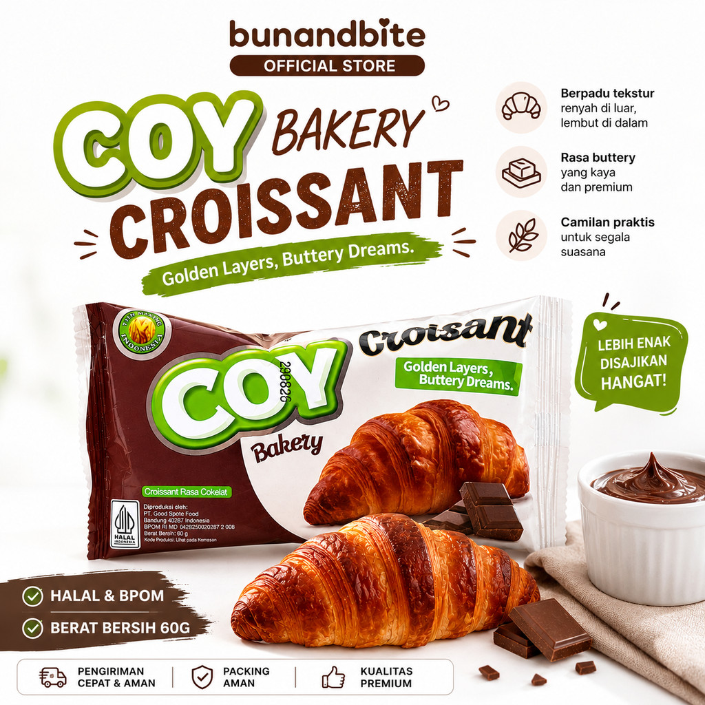 COY Bakery Croissant Rasa Cokelat 40g | Roti Lembut Renyah Gurih Halal Praktis untuk Sarapan Teman K