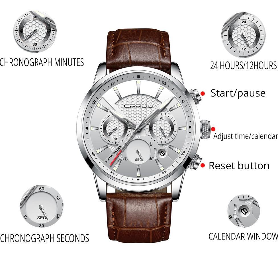 MURAH CRRJU Leather Quartz Watch Sport Waterproof Date Chronograph Jam Tangan Pria