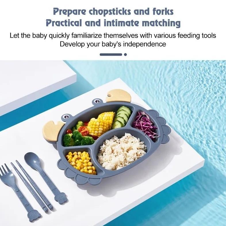 100% Aman Set Piring Makan Karakter Anak Model Crab Kepiting Dengan Sendok Garpu Sumpit
