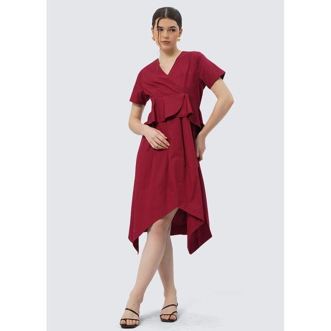 SALE Et Cetera Asymmetric Short Sleeve Midi Dress MAROON SALE