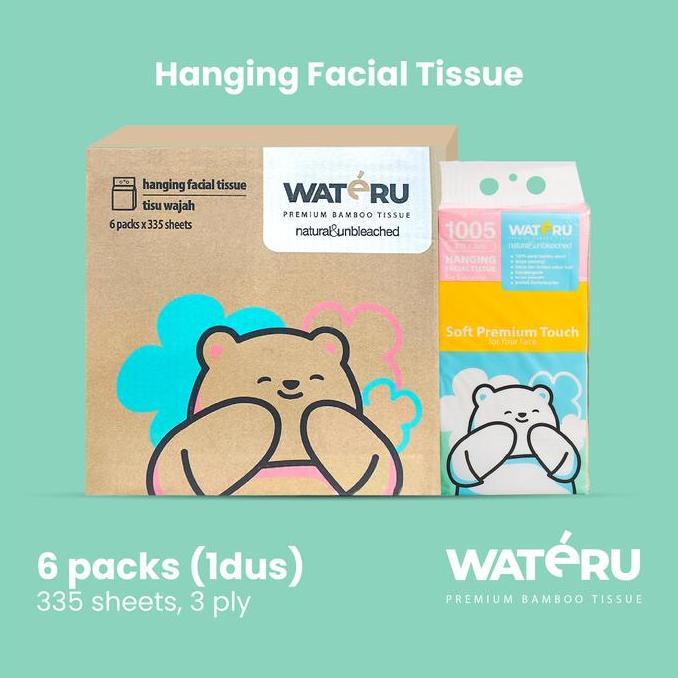 Wateru Hanging Facial Tissue, 6 packs, 335 sheets, 3 ply | Natural&Unbleached | Wateru Premium Bambo