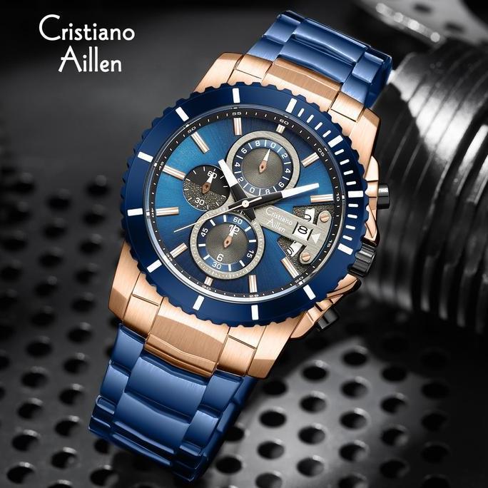 Clock- Cristiano Aillen Jam Tangan Pria Analog Ca 8898 St Stainless Steel Chronograph Kaca Sapphire 