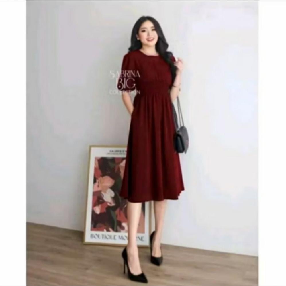 BIG SALE SOORA MIDI DRESS WANITA, DRES PESTA LENGAN KARET