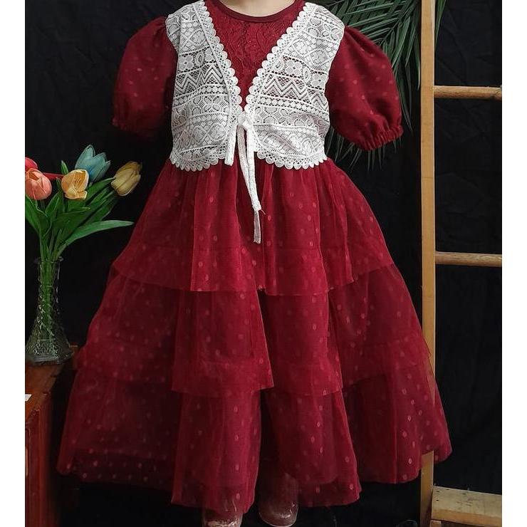Dress Anak Perempuan Tutu Polkadot Tile Brukat Elegan Gaun Pesta Anak Lengan Puff | Size 1-12 Tahun 