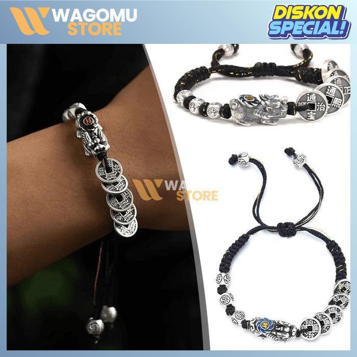 WAGOMU Gelang pixiu titanium tali hitam pria feng shui asli perak pixiu gelang keberuntungan china