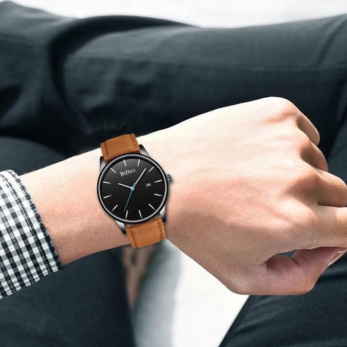 Horfa- Biden Jam Tangan Pria Kalender Bisnis Tali Kulit Jam Tangan Cowok