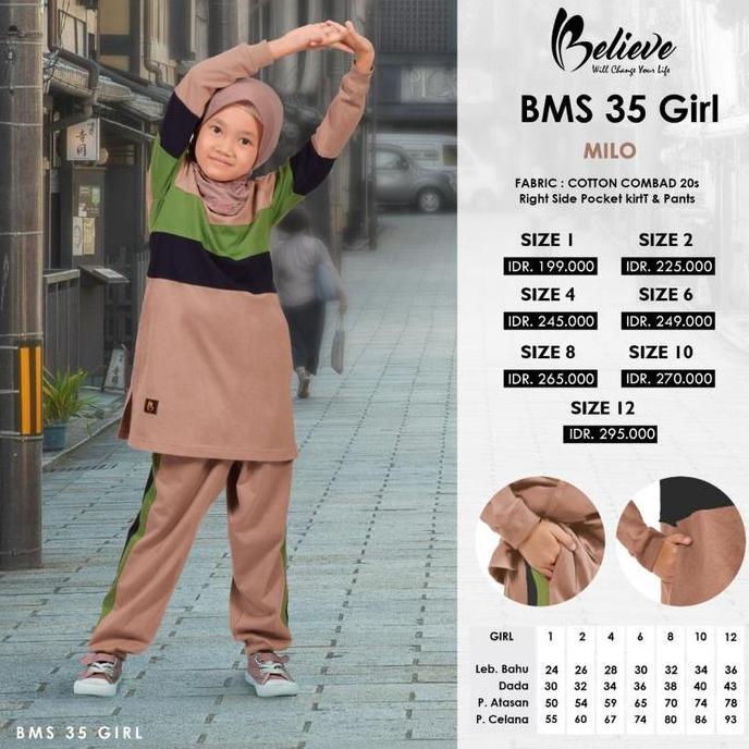 BELIEVE BMS 35 GIRL Hijab Sportwear / Setelan Kaos Olahraga Anak Perempuan Muslim / OUTFIT Senam Gow