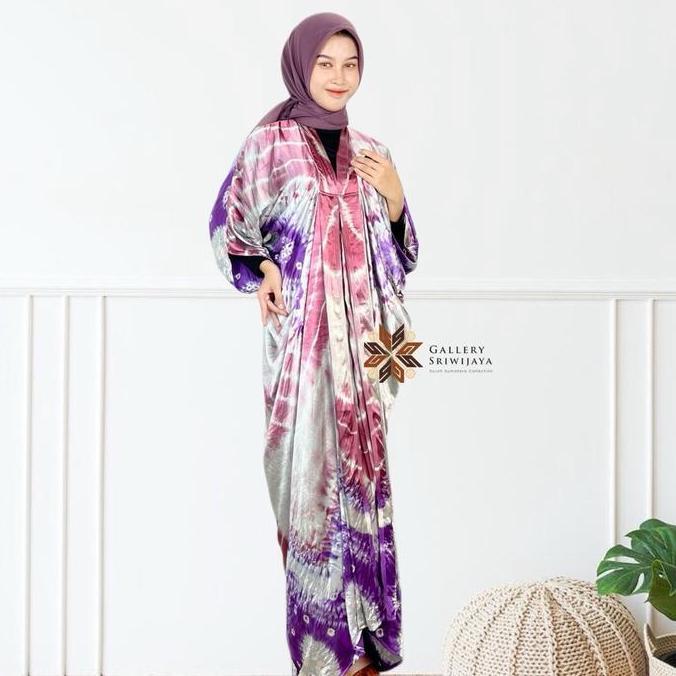 KAFTAN DAN GAMIS ECOPRINT SEMI SUTRA HANDMADE BATIK JUMPUTAN PALEMBANG