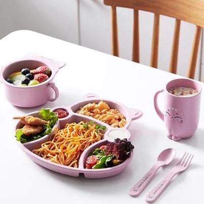 SET Tempat Makan Anak Gambar Kucing Pink Lucu Perlengkapan Makan Bayi