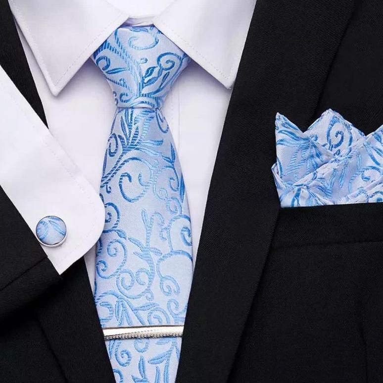 gift set batik akar biru muda sky blue dasi panjang + cufflinks + jepit dasi