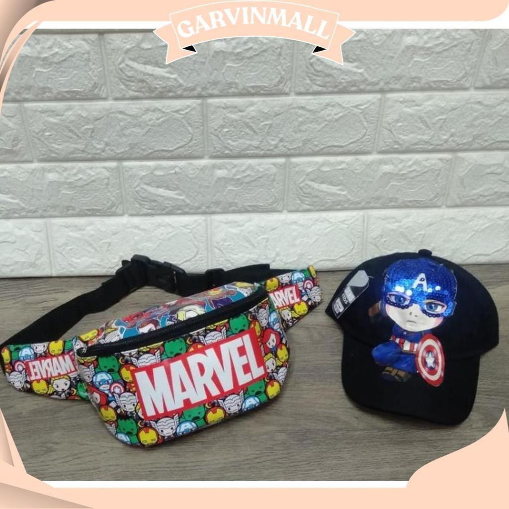 Waistbag anak tas SLempang batman/Marvel free topi LED nyala MS Ori
