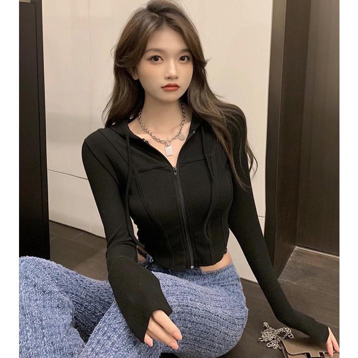 TERBARU LONG SLEEVE REINA HOODIE CROP TOP ZIPPER / JAKET ZIPPER