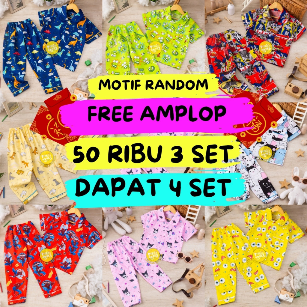 (FREE AMPLOP) PAKET 50 RIBU BELI 3 DAPAT 4 PIYAMA ANAK BAYI SAMPAI DEWASA MOTIF RANDOM