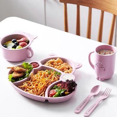 SET Tempat Makan Anak Gambar Kucing Pink Lucu Perlengkapan Makan Bayi