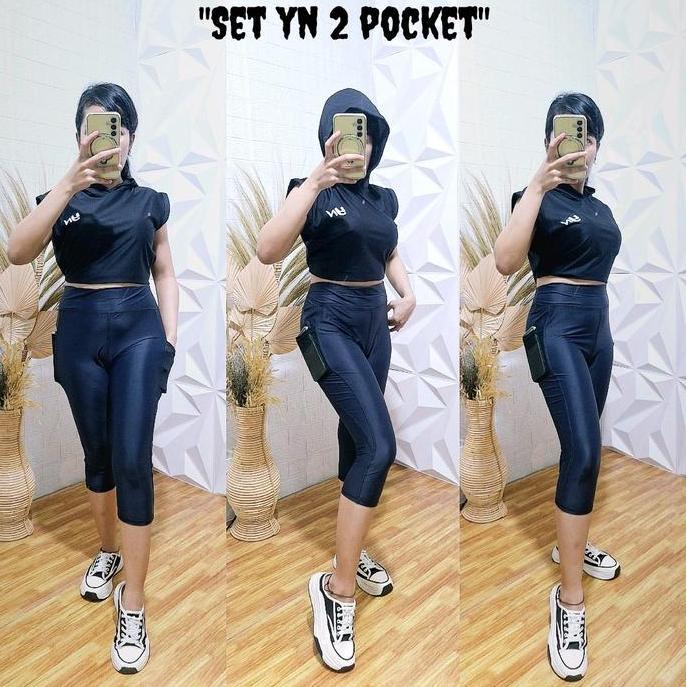 Ges- Setelan Senam Crop Hoodie Yn 2 Pocket Nylon Legging Mengkilat Untuk Olahraga - Sport Senam Nita