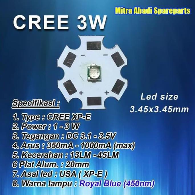 Hpl 3W/High Power Led 3 Watt Cree Xp-E Royal Blue 450Nm 20Mm