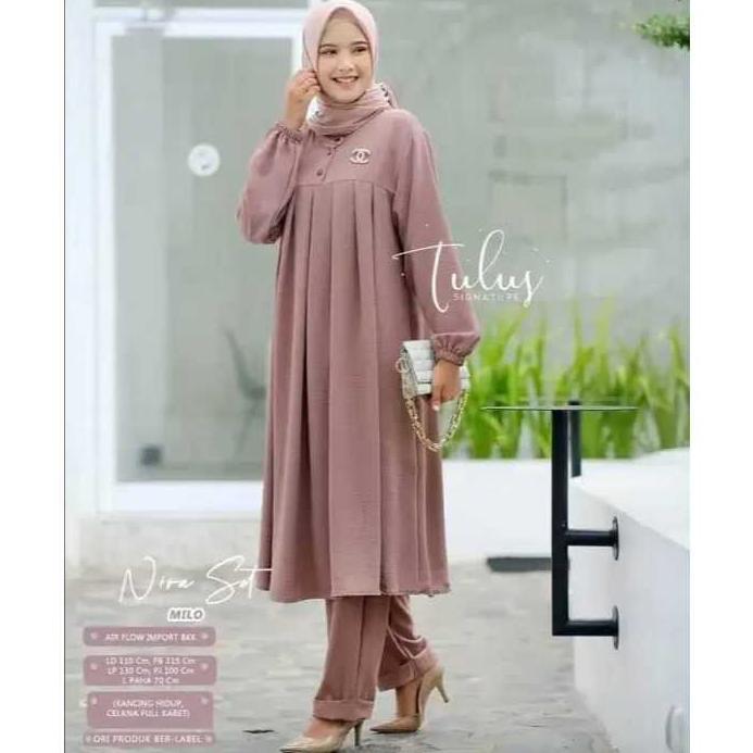 New Product Size Jumbo Nira Setcel Long Tunik + Celana Bahan Catoon Premium / Setelan Wanita Terbaru