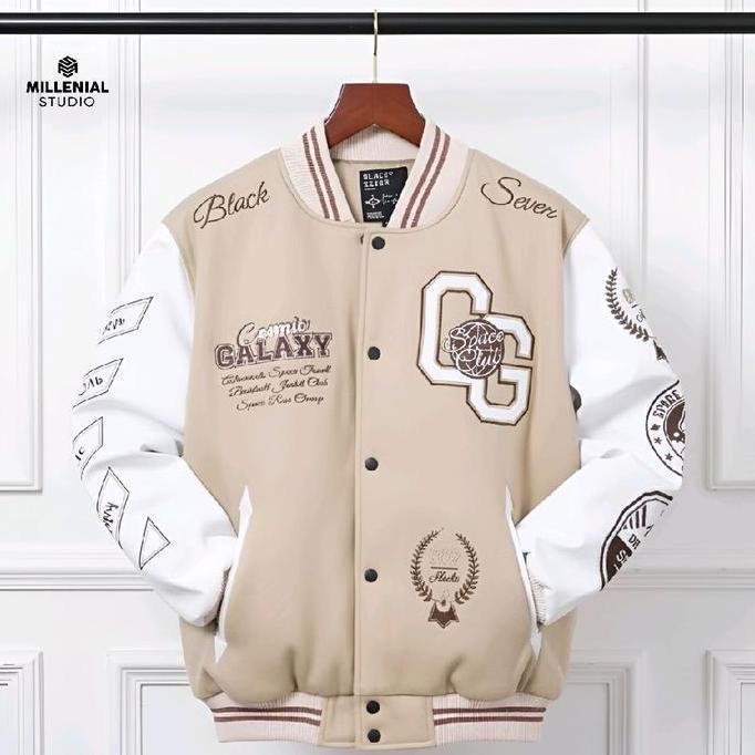 PREMIUM / Varsity Jacket Cosmic Galaxy Cream White Blackseven | JAKET BASEBALL BORDIR ORIGINAL Pria 