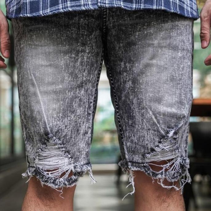 Kop- Weird Jeans - Mist Grey - Celana Jeans Pendek Pria Ripped Strech