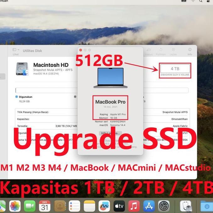 INDA Upgrade SSD M1 M2 M3 M4 MacBook Pro Air MACmini MACstodio 2020 2021 2023 2024 2025 Kapasitas 1T