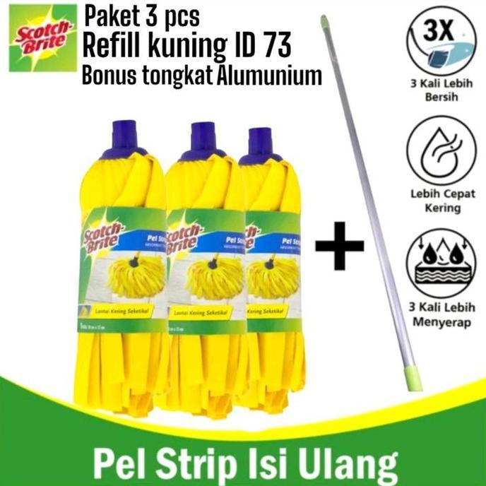 Paket 3 pcs Scotch Brite Refill kuning ID 73 Bonus Tongkat Alumunium Scotch brite