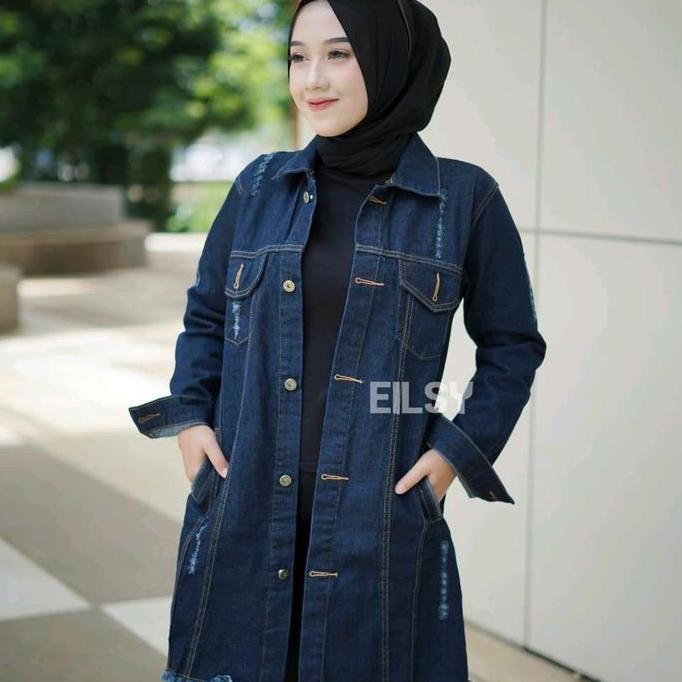 PREMIUM / Blazer Panjang Jeans Wanita Oversize Hitam - Outer, Linen, Atasan, Denim, Casual, Cewek