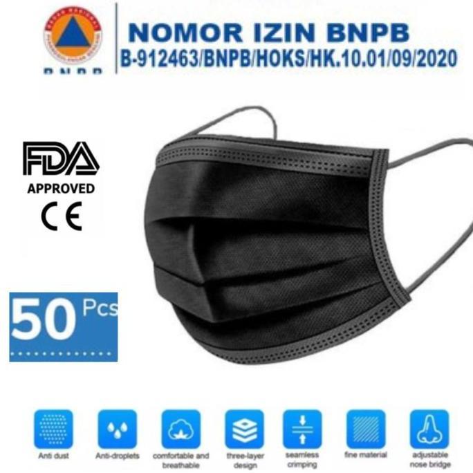 KANJALO Masker Hitam 3 Ply Earloop Masker Medis Isi 50 Pcs Masker Medis Bedah