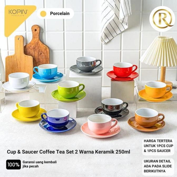 Cup & Saucer Coffee Tea Set Two Tone Porcelain Keramik 250ml Kopin