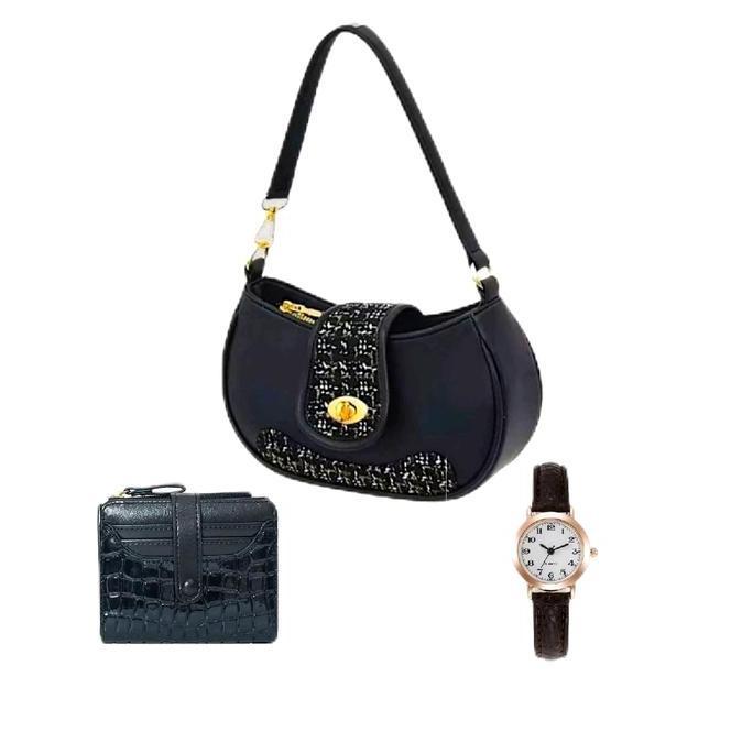 DS292 - Paket Bundling Hemat 3 Produk Tas Selempang Wanita Daira + Dompet Genie + Jam Tangan Small W
