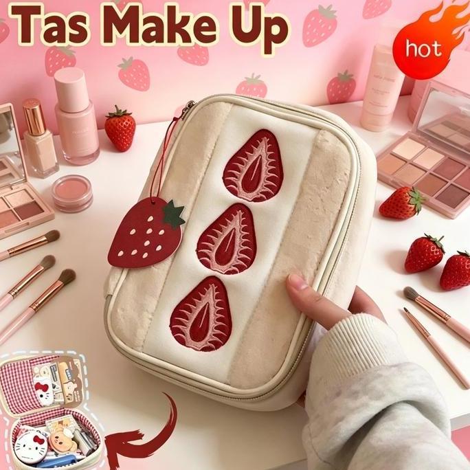 SHANBIU Tas Kosmetik Washbag Portable Transparan Pouch Travel Organizer Gambar Bordir Kue Stroberi S