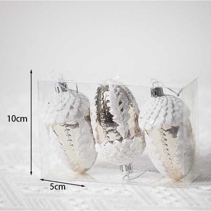 ```````] 3pcs Hiasan Natal Silver Acorn Biji Pohon Ek ornamen Gantungan Pohon Natal Dekorasi Christm
