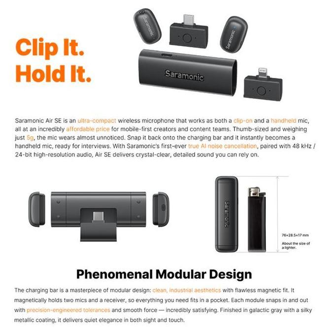 Saramonic Air Se Ai-Powered Clip-On & Handheld Dual Wireless Microphone For Smartphone Hp Mic Wirele